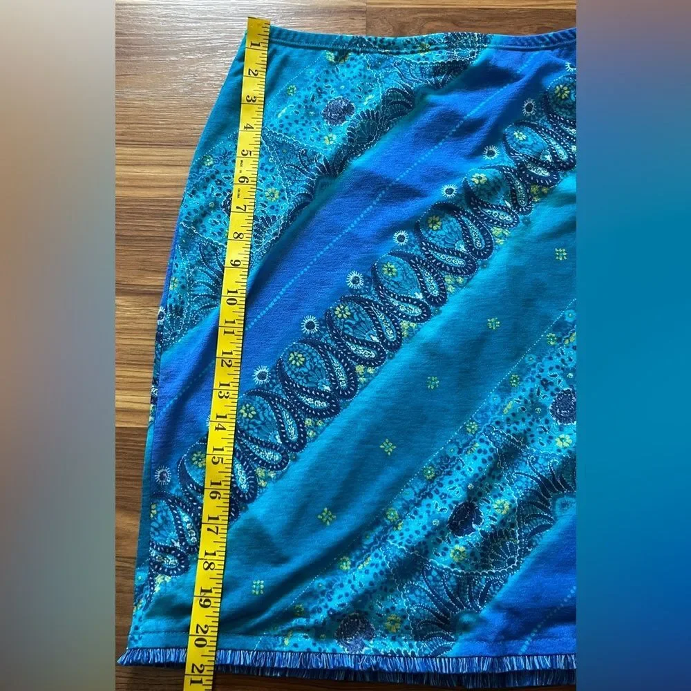 True Vintage Y2K Blue Boho Print Pull on Skirt Frayed Hem Size Large
